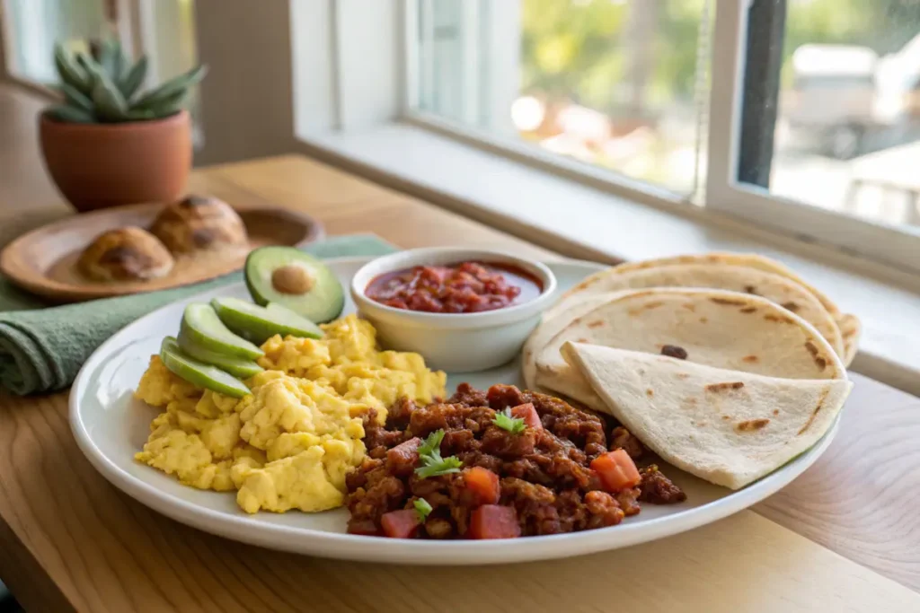 What does chorizo go well with? A breakfast plate with scrambled eggs, tortillas, and avocado.