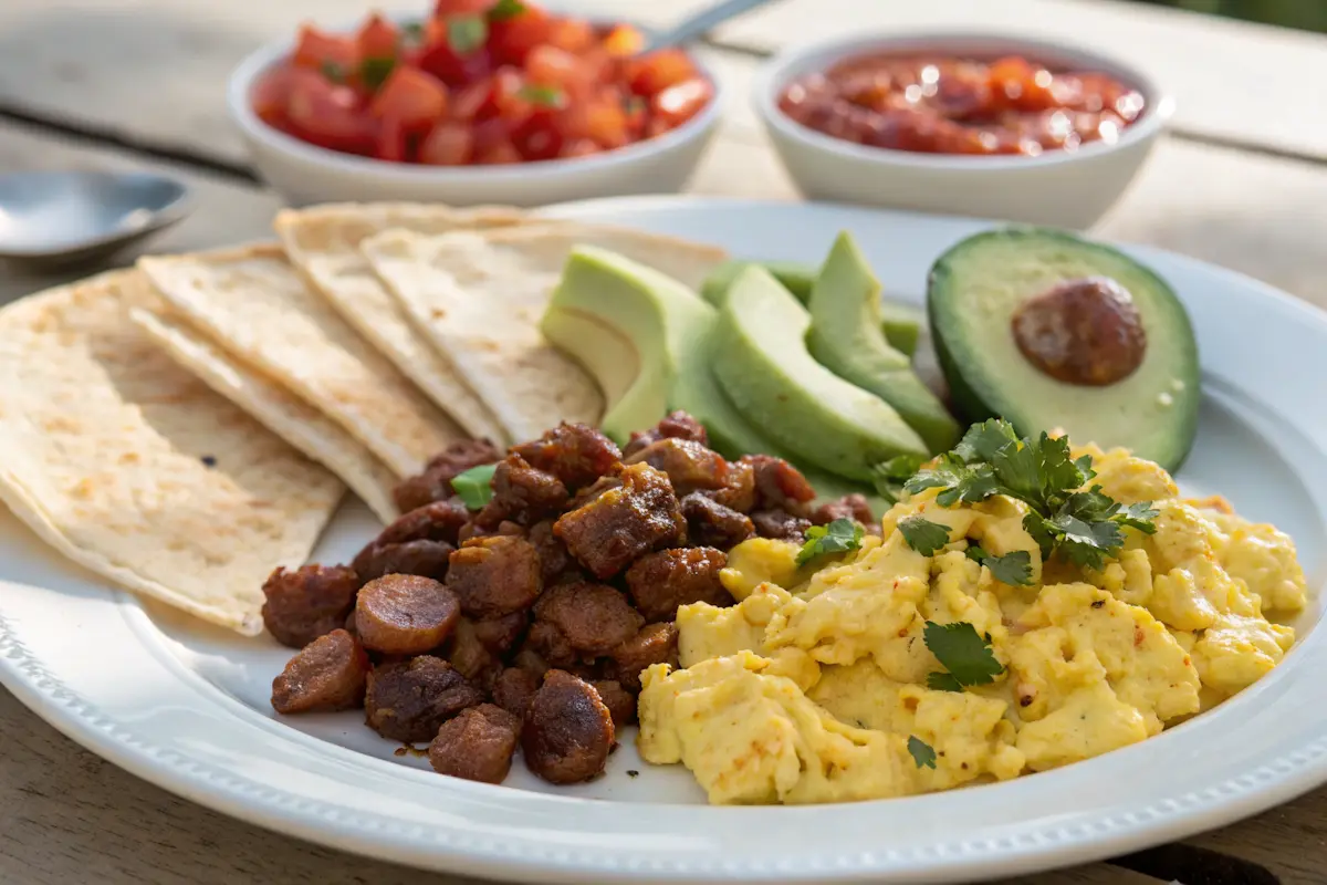 What Goes Well with Chorizo and Eggs? A breakfast plate with scrambled eggs, tortillas, and avocado.