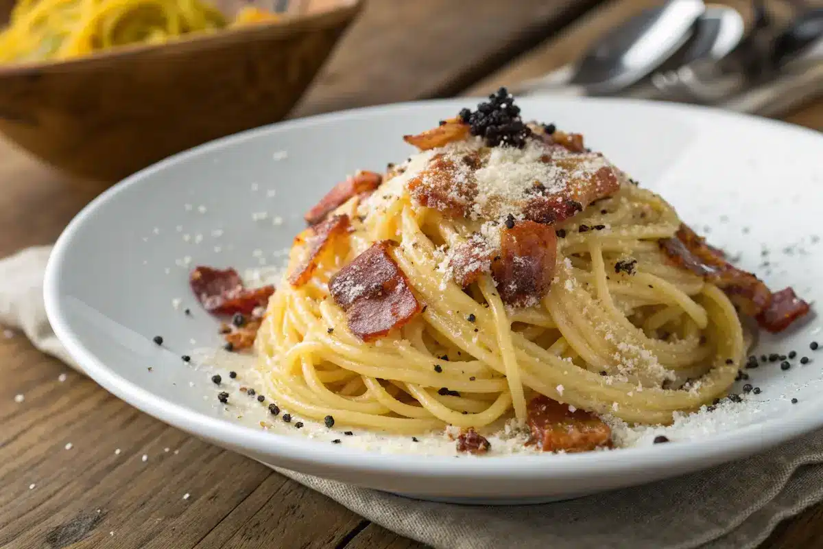 What is the sauce in carbonara? A traditional spaghetti carbonara dish with crispy guanciale, Pecorino Romano, and a creamy egg-based sauce.