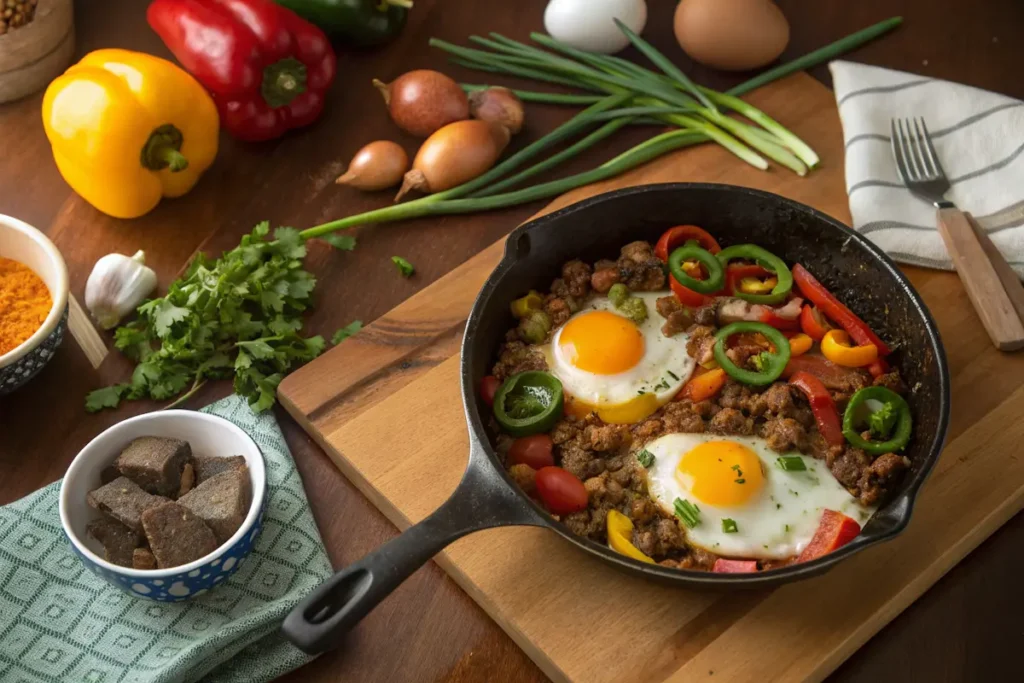 What to put in chorizo and eggs? A skillet with chorizo, eggs, and fresh vegetables cooking.