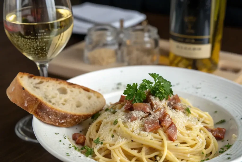 What is carbonara made of? A plated carbonara dish paired with white wine and fresh Italian bread.