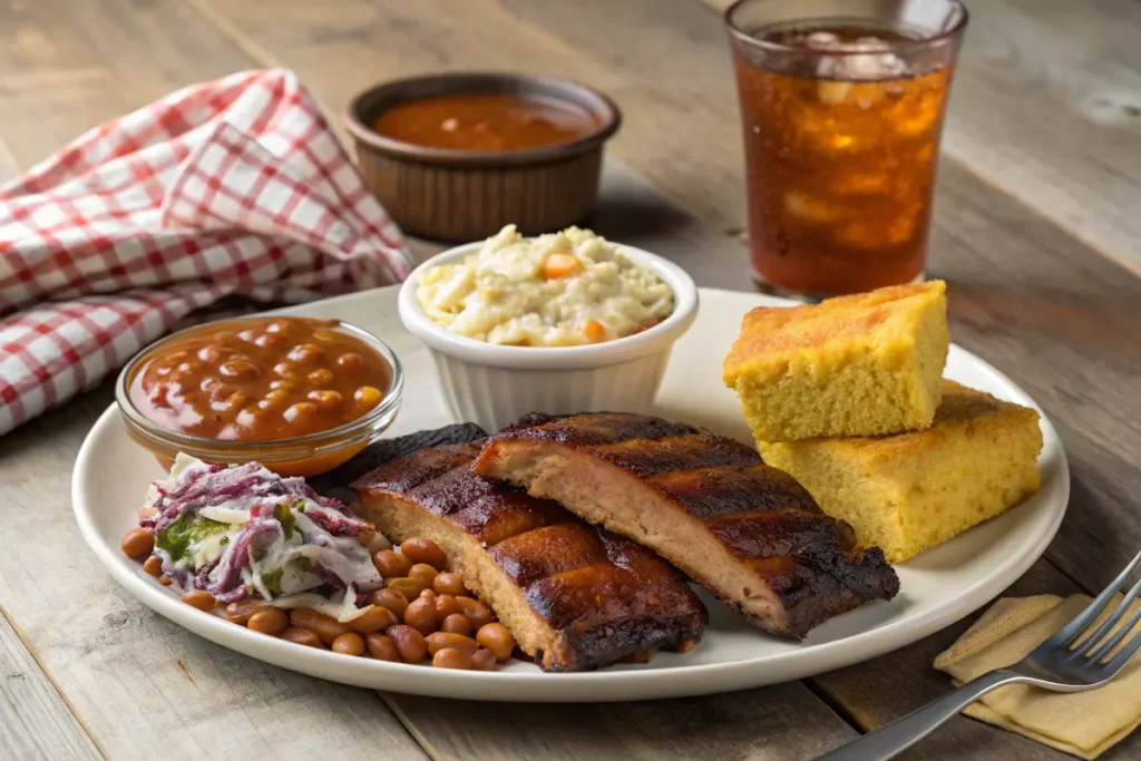 Baby Back Ribs with Classic BBQ Sides: Cornbread, baked beans, and coleslaw