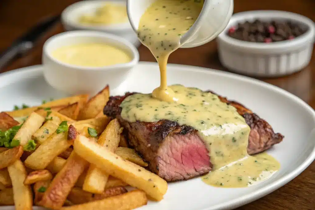 Béarnaise sauce being drizzled over a sliced steak frites dish.