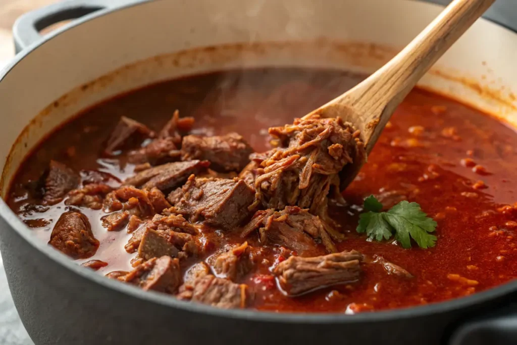 Beef birria slow-cooking in chili sauce
