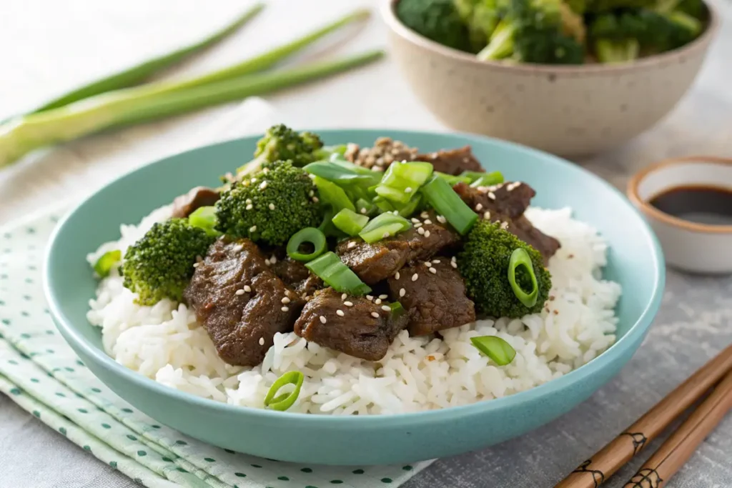 Beef and broccoli stir-fry served over rice