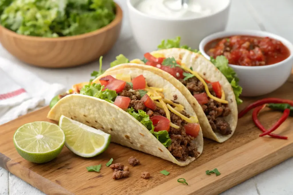 Classic beef tacos with fresh toppings on a wooden board