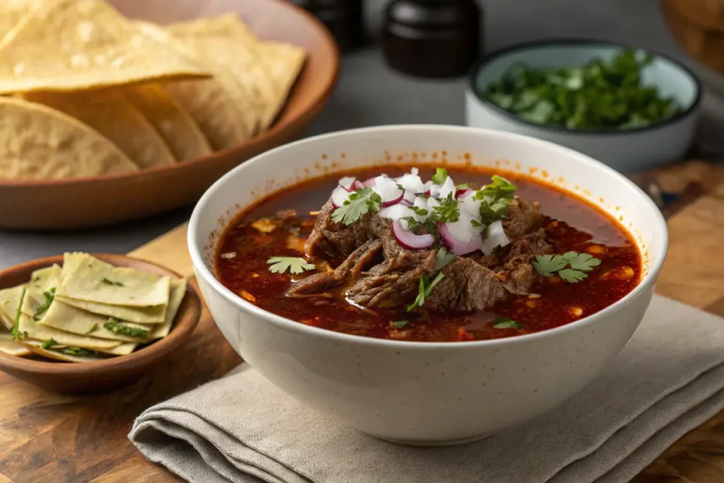 Birria consommé with shredded beef and garnishes
