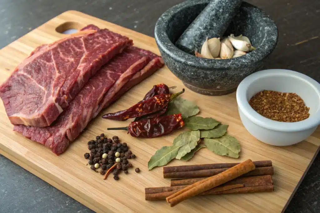 Ingredients for birria tacos, including beef, dried chilies, and spices.