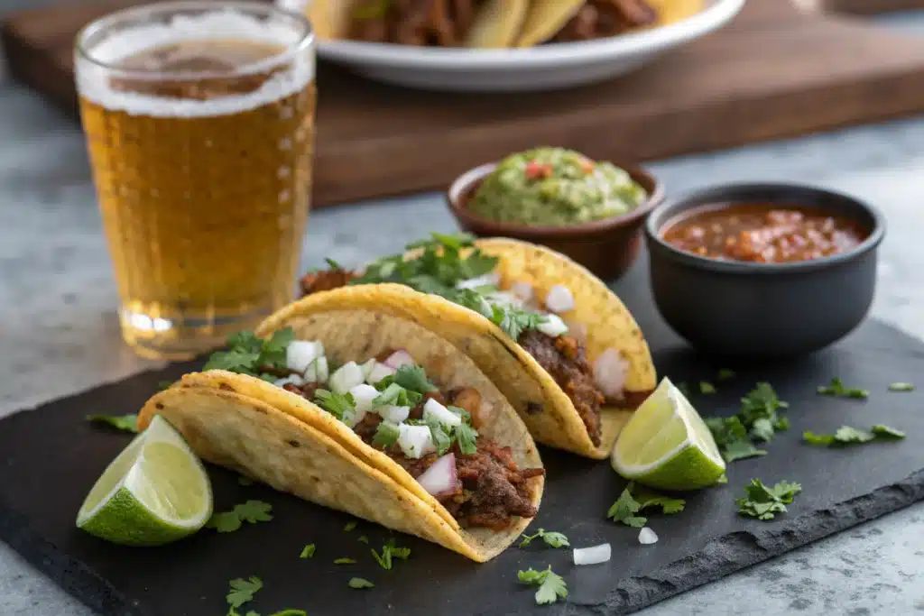 Plated birria tacos served with onions, cilantro, and lime wedges.