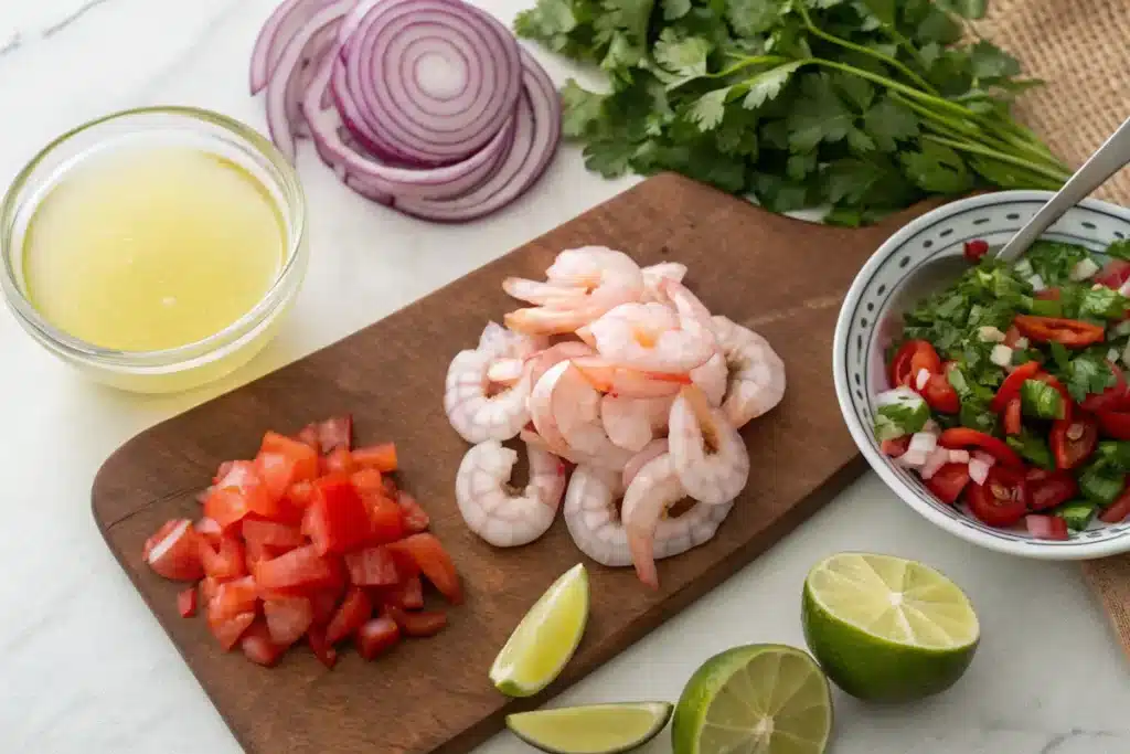 Fresh ingredients for ceviche de camarón, including shrimp, lime, and tomatoes