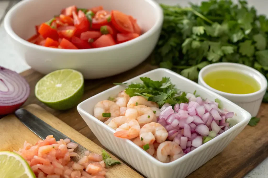 Fresh ingredients for making ceviche, including shrimp, lime juice, and tomatoes