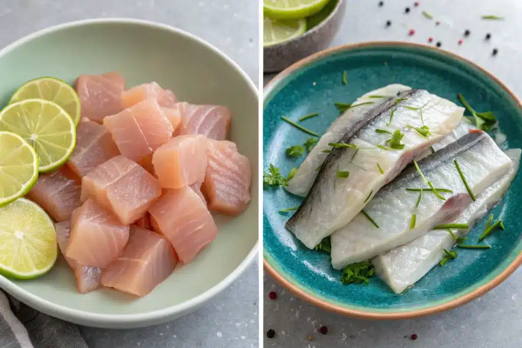 Raw fish vs. marinated fish in lime juice showing the denaturation process