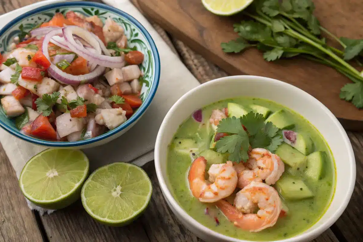 ceviche and aguachile side-by-side comparison with fresh ingredients