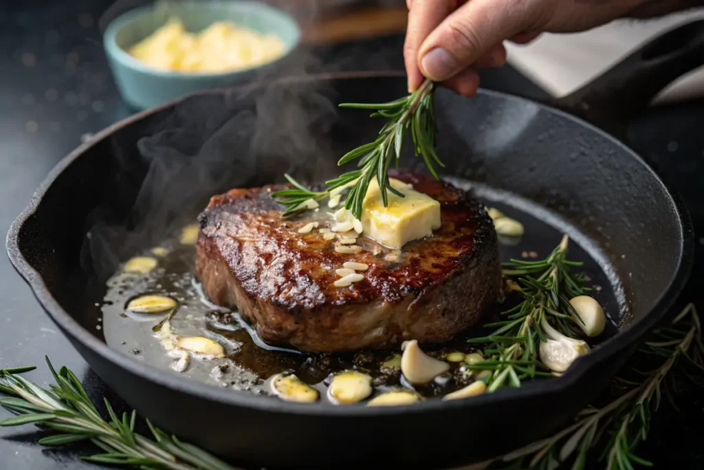 Steak sizzling in a cast-iron pan with butter, garlic, and rosemary