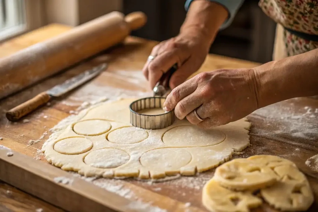  Cutting biscuit dough with round cutter on floured surfac