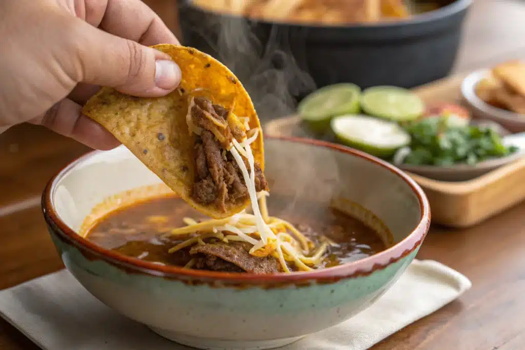 Crispy birria taco being dipped into hot consommé.
