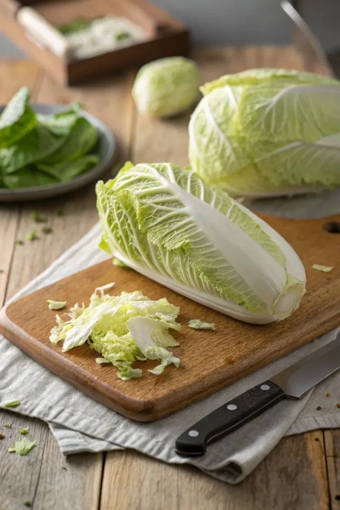 Napa cabbage: a fresh head of leafy Chinese cabbage on a cutting board