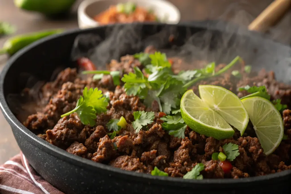 Ground beef cooking for tacos and burritos.
