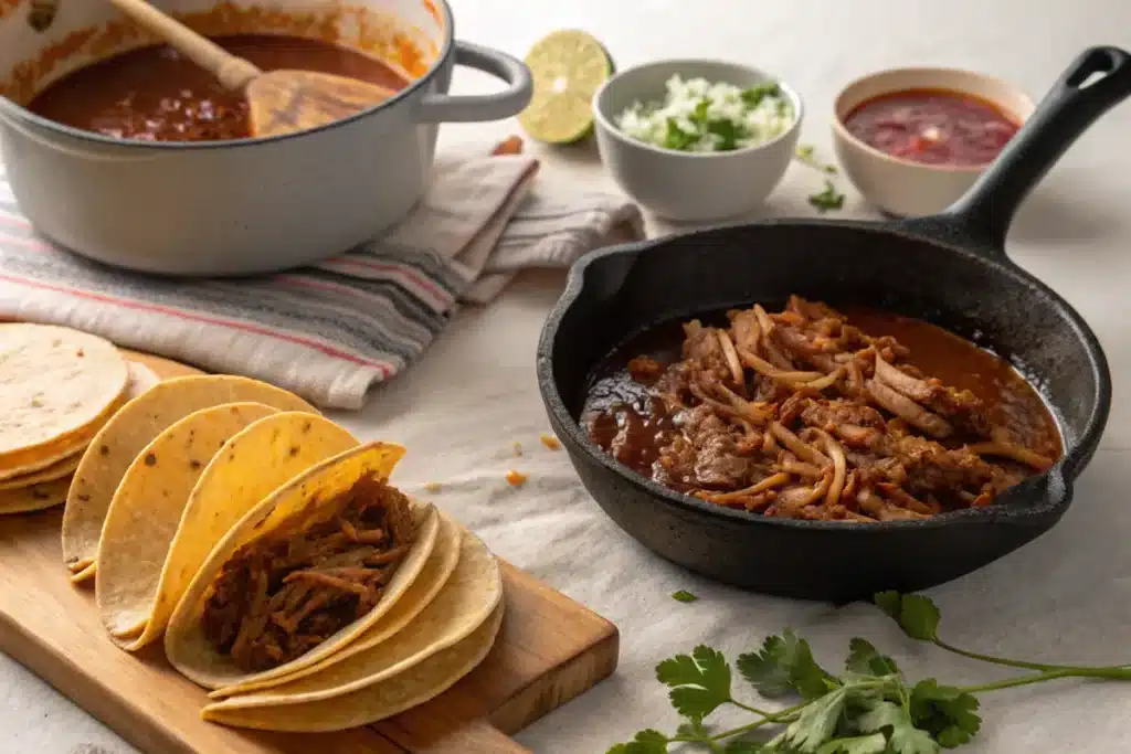 Homemade birria tacos being prepared step by step