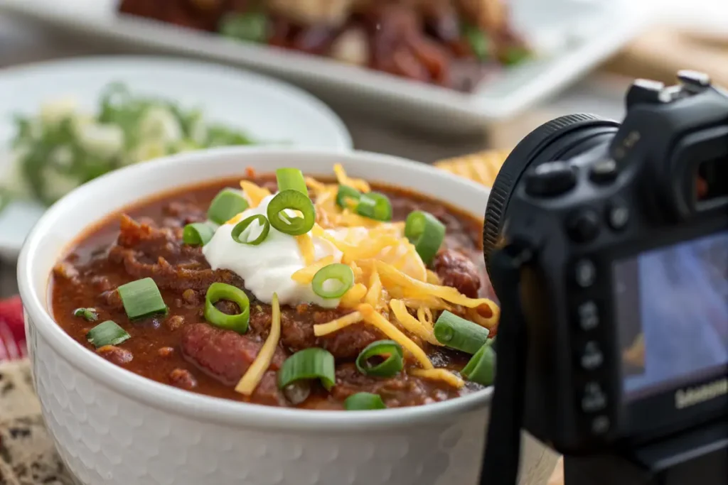 Homemade chili with ground beef, cheese, and sour cream.