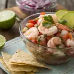 Is ceviche raw or not? A bowl of fresh shrimp and fish ceviche with lime and onions