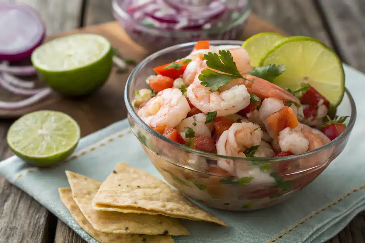 Is ceviche raw or not? A bowl of fresh shrimp and fish ceviche with lime and onions