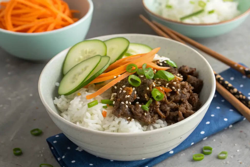 Korean ground beef bowl with rice and fresh vegetables