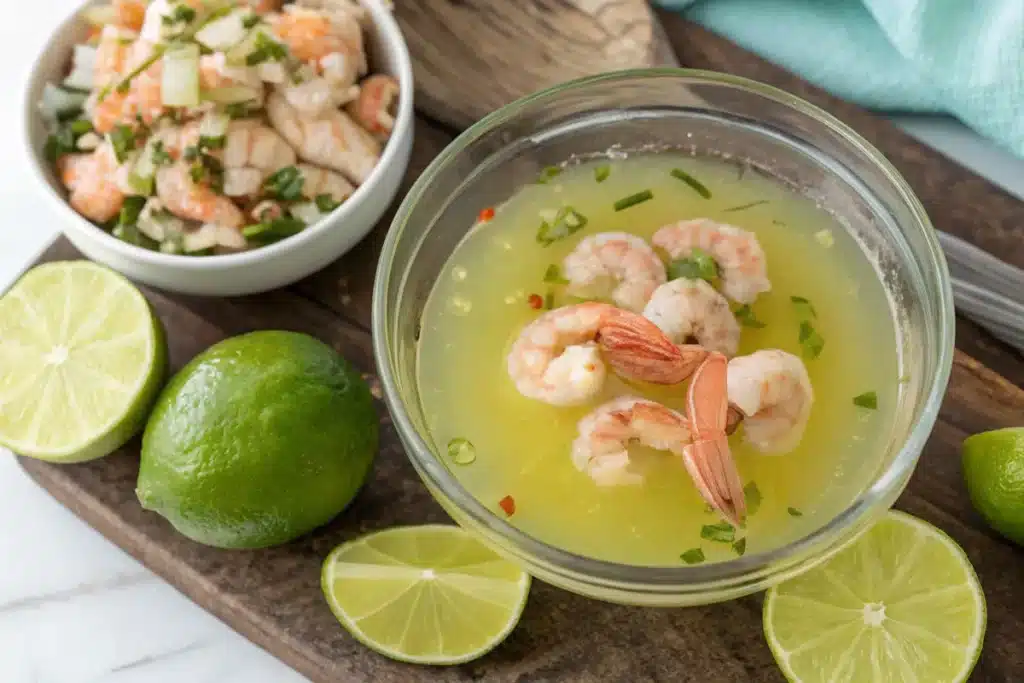 Is ceviche raw or not?  Lime juice marinating shrimp, highlighting the acid-curing process in ceviche