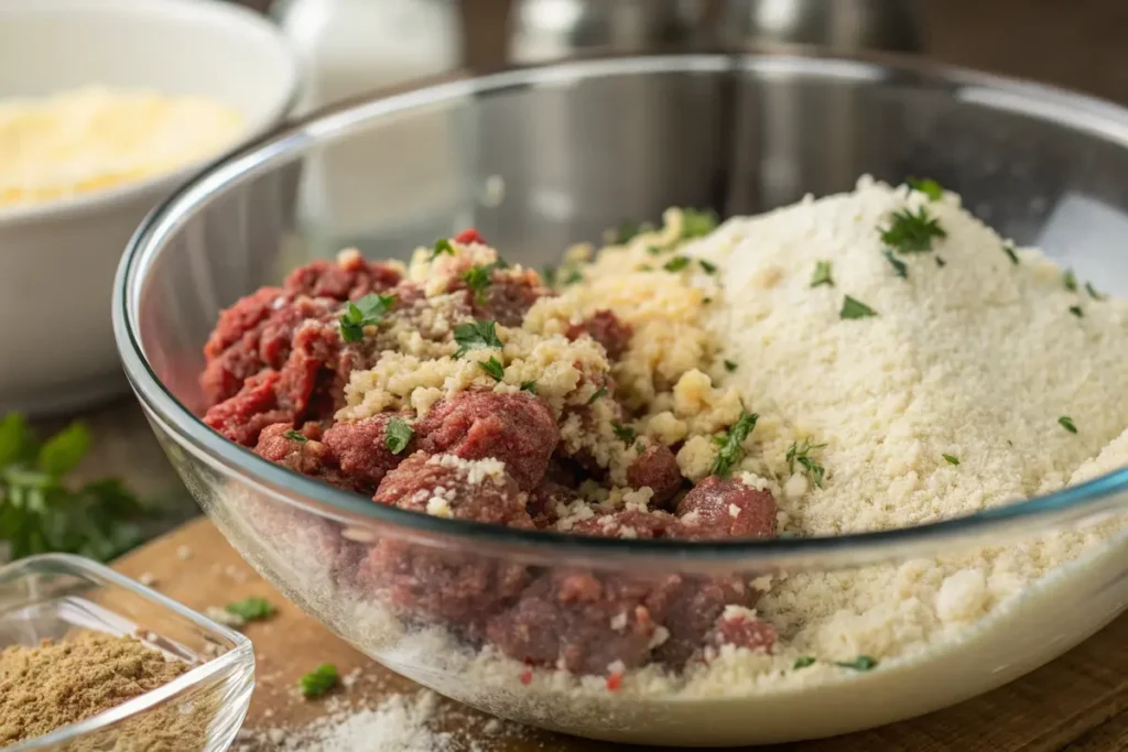 Milk and breadcrumbs in ground beef for flavor enhancement.