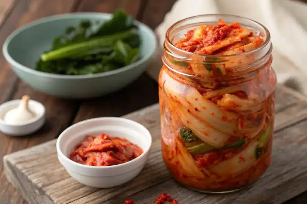 Homemade kimchi made with Napa cabbage in a glass jar