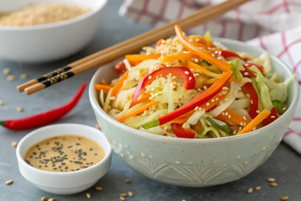 Fresh Napa cabbage slaw with carrots, bell peppers, and sesame seeds