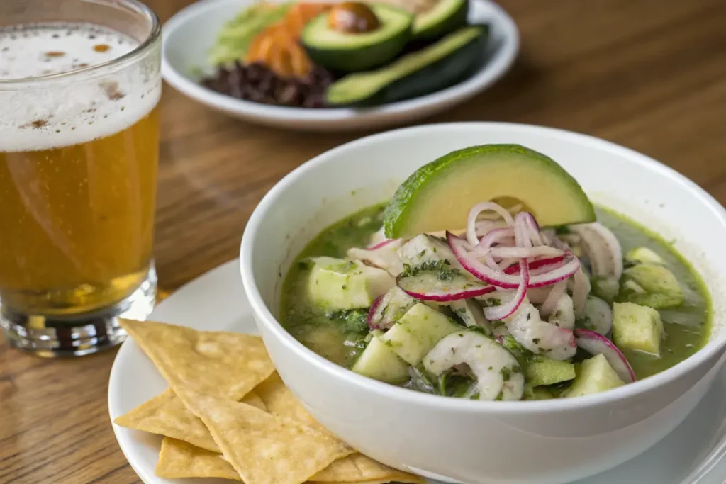 Plated aguachile and ceviche, served with tostadas and lime wedges