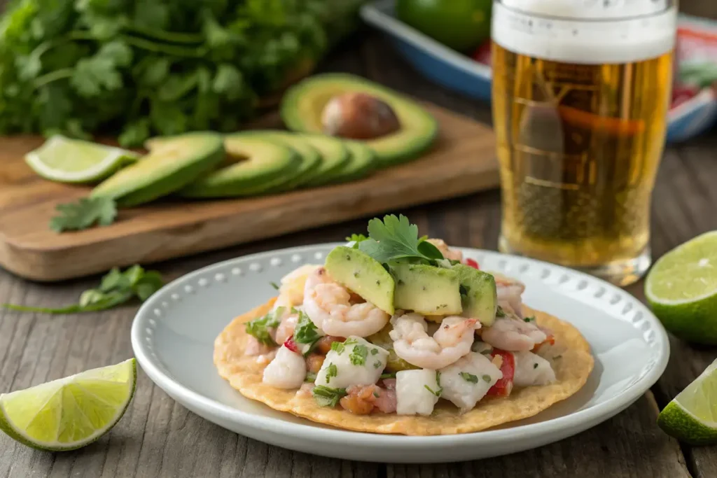 Shrimp ceviche served on a tostada with avocado and lime