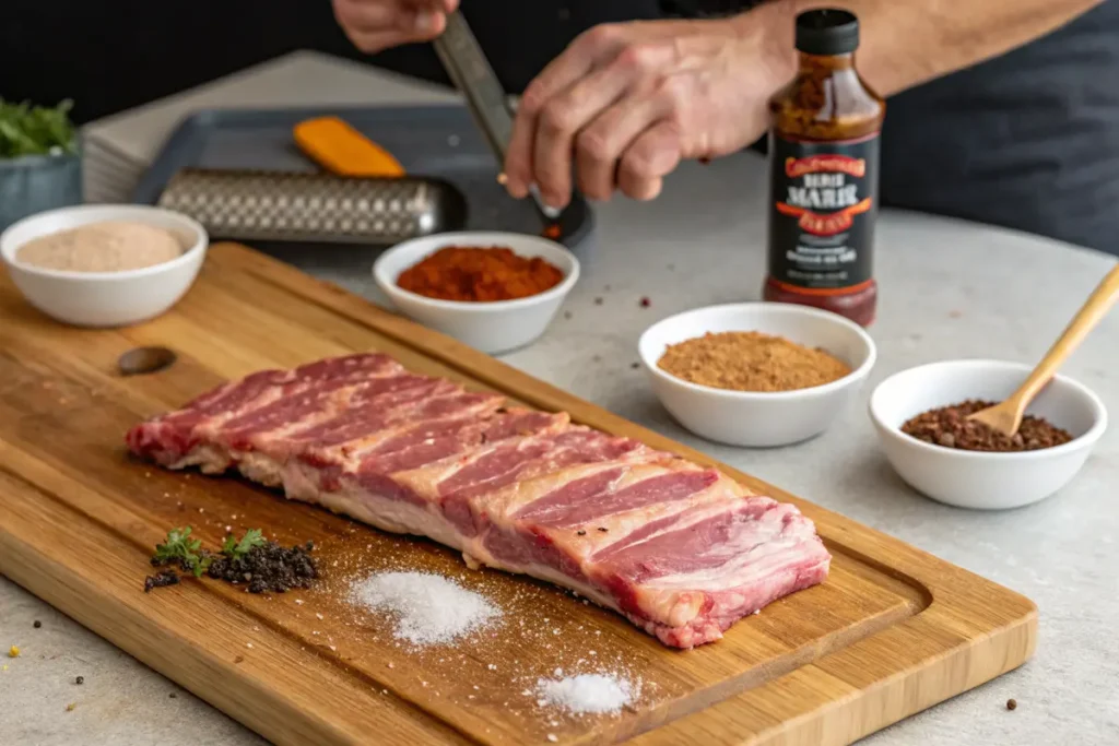 Preparing Baby Back Ribs: Seasoning a rack with dry rub