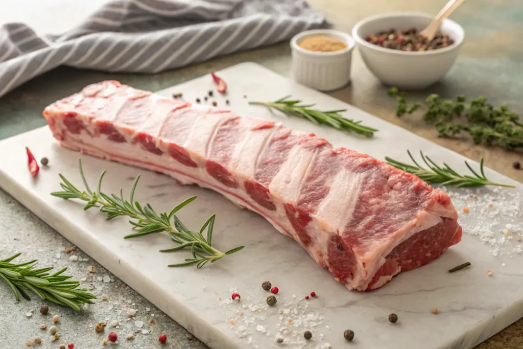 Raw baby back ribs on a butcher’s table