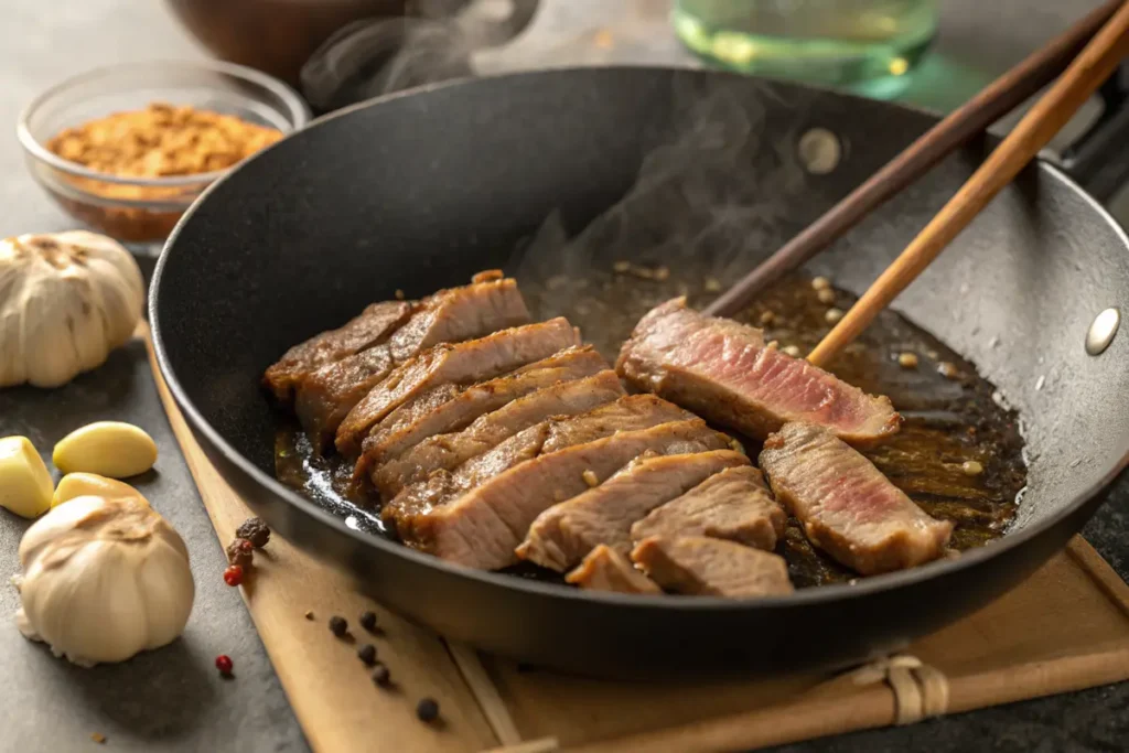 Beef searing in a hot wok with garlic and ginger