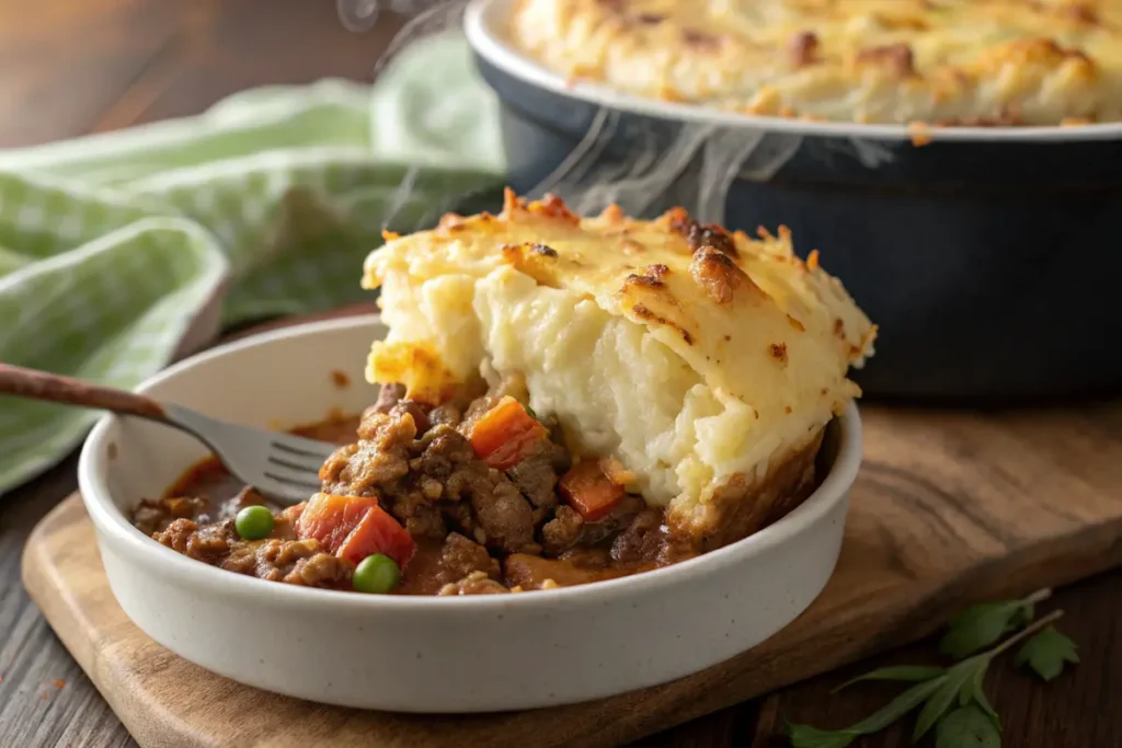 Shepherd’s pie, a famous ground beef dish.