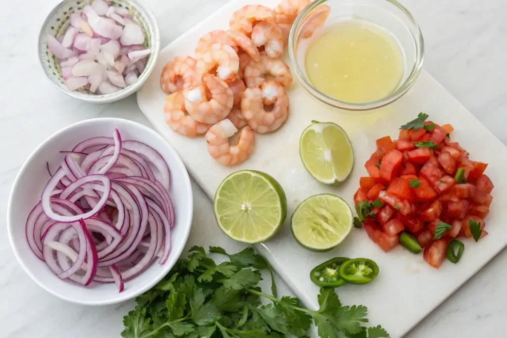 What Is Shrimp Ceviche? Fresh ingredients for shrimp ceviche, including shrimp, lime, and tomatoes