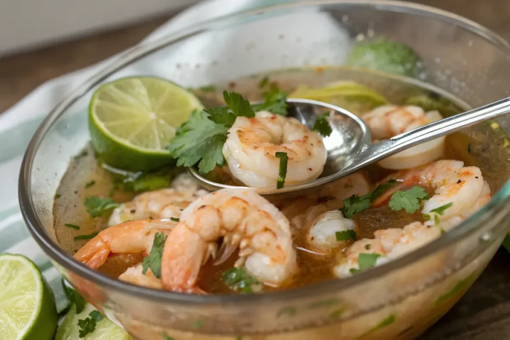 A top-down view of fresh shrimp, lime, onions, tomatoes, and cilantro, the essential ingredients for ceviche de camarón.