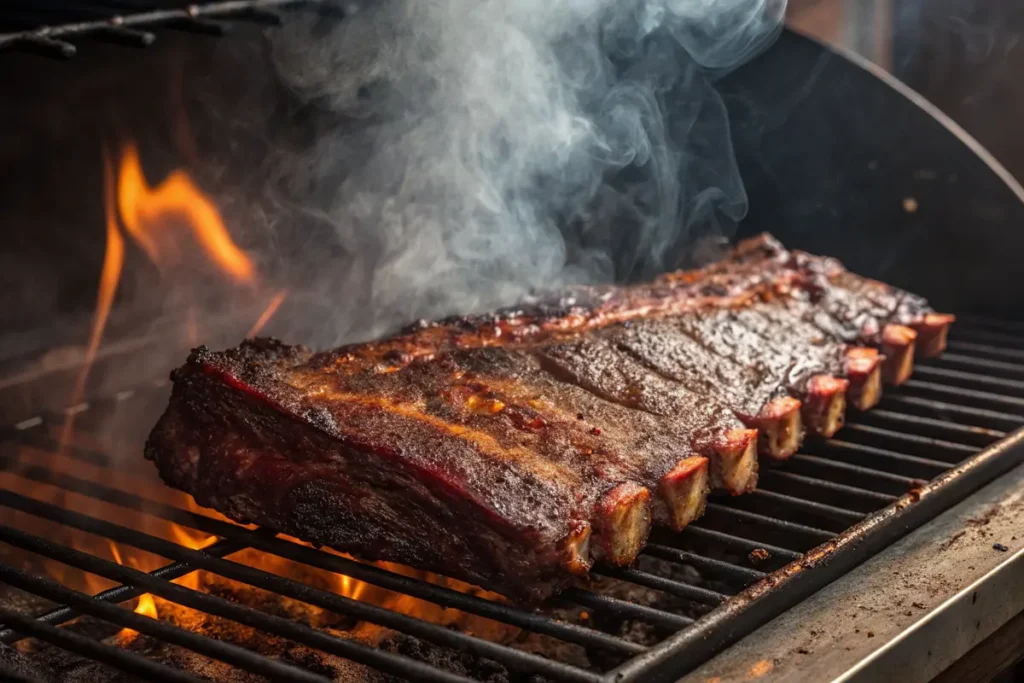 Smoked beef back ribs on a barbecue grill