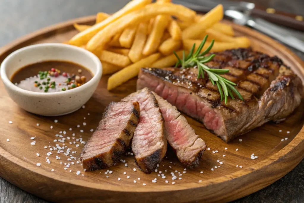 A classic steak frites dish with crispy fries and béarnaise sauce