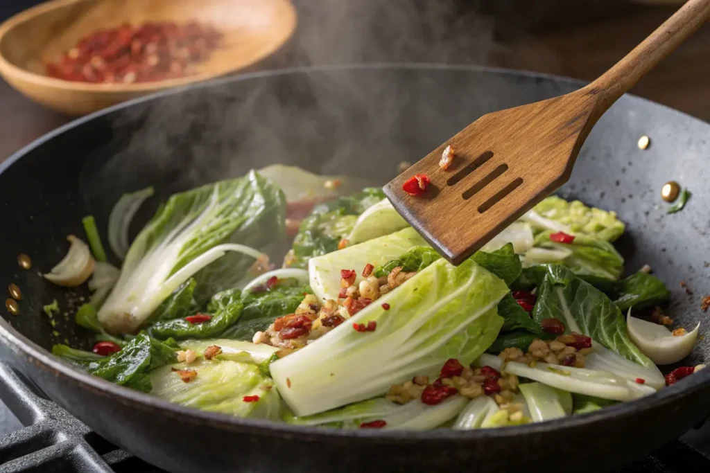 Stir-fried Napa cabbage with garlic and chili flakes in a wok