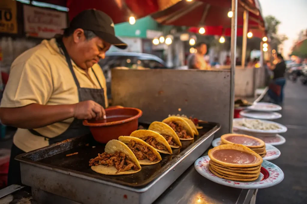 Street vendor preparing authentic birria tacos