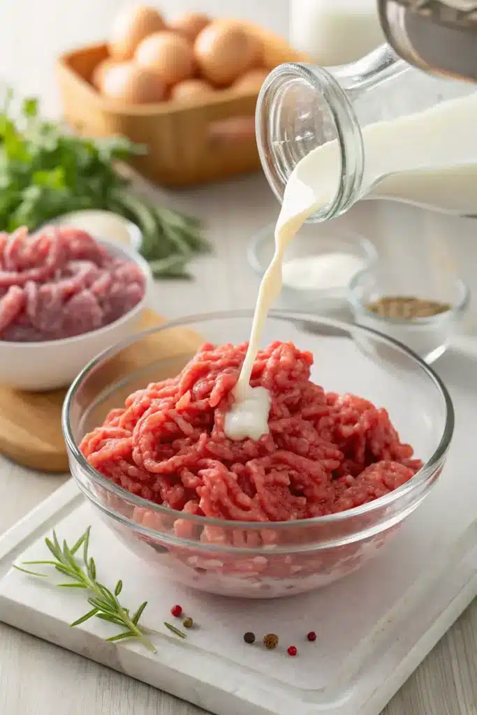 What Does Milk Do to Ground Beef? Pouring milk into fresh ground beef.