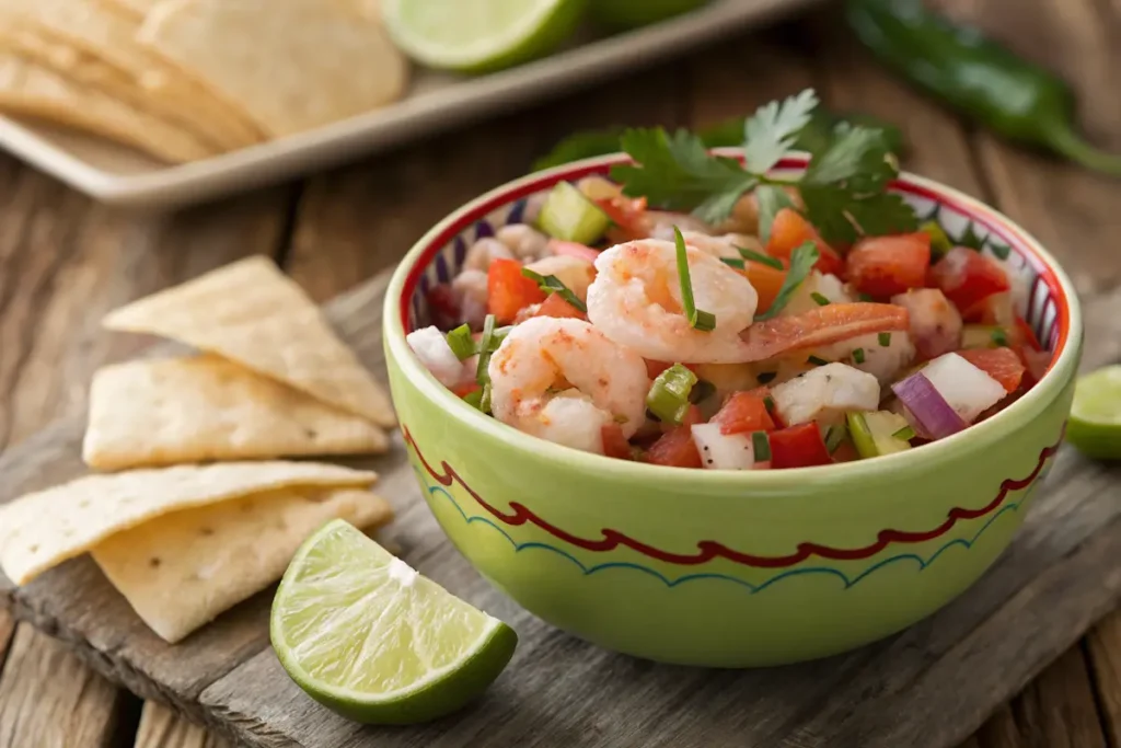 What is a ceviche de camarón? A bowl of shrimp ceviche with lime and tostadas