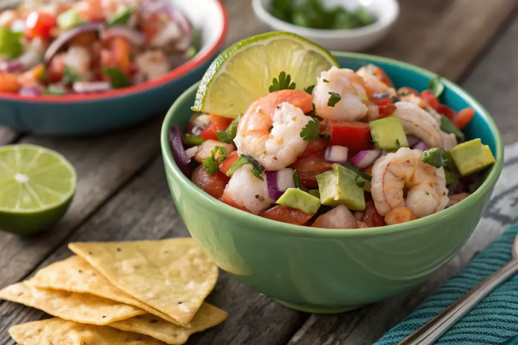 What Is Shrimp Ceviche? A bowl of shrimp ceviche with lime, onions, and tostadas