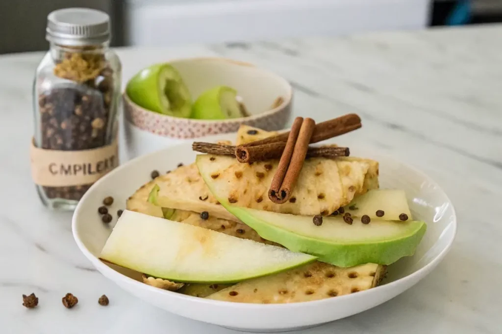 Chicha Morada ingredients with pineapple rind, green apple, cinnamon, and cloves