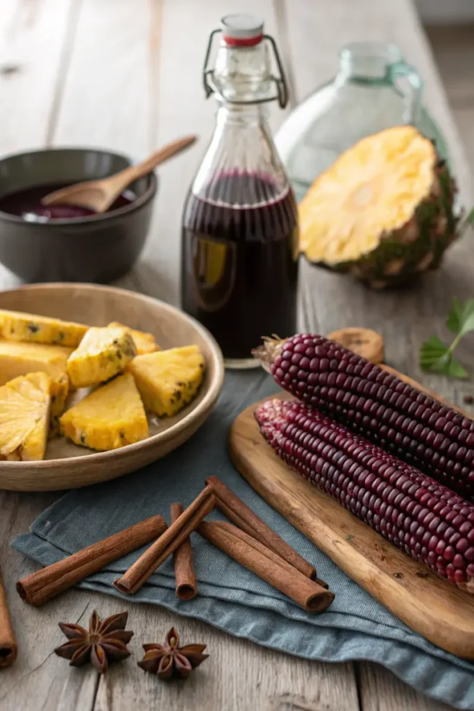 botella de chicha morada on a rustic table