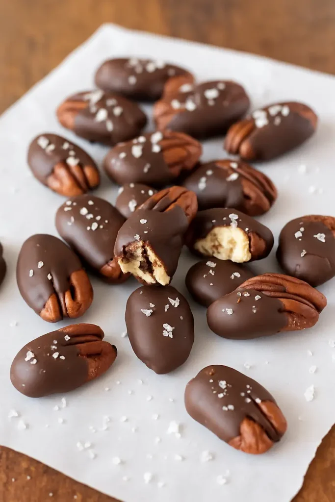 Chocolate-covered pecans dipped in melted dark chocolate for a sweet and salty homemade snack