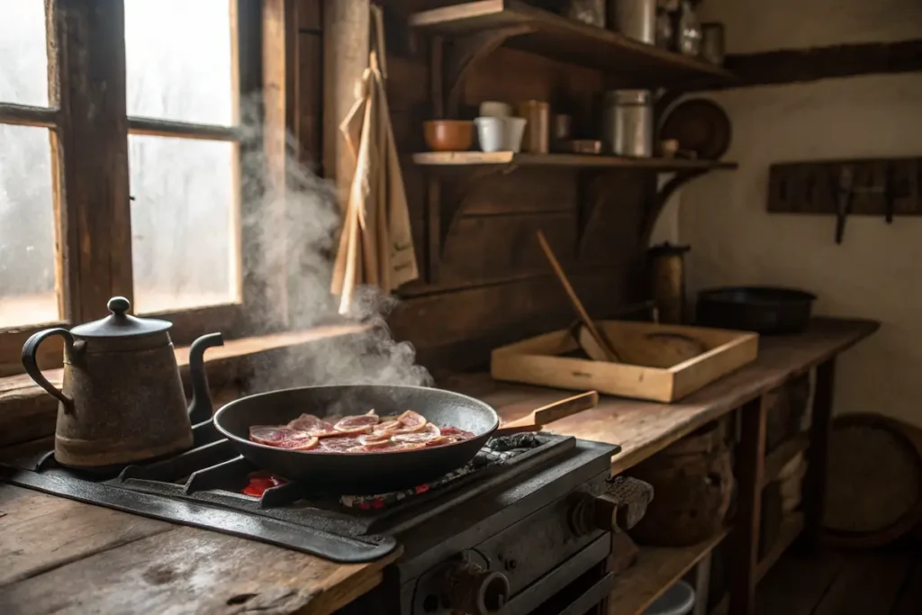 Thin guanciale slices sizzling in a cast-iron pan on a farmhouse stove with steam rising